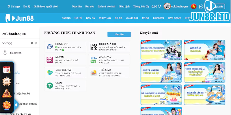 Hướng dẫn nạp rút tiền tại nền tảng Jun88